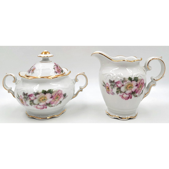 Schumann Arzberg Briar Rose Creamer & Sugar Set Bavaria Germany Gold Trim 1950s - Picture 4 of 16